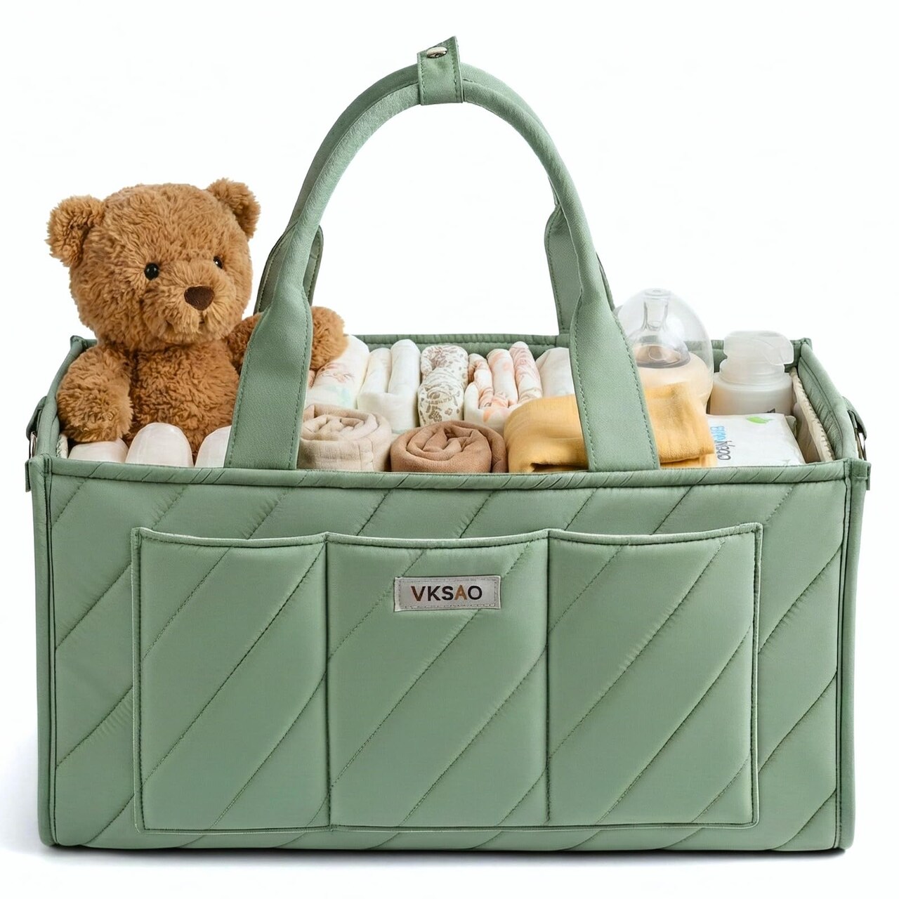 Baby Essentials Diaper Caddy Organizer – Portable Storage Basket with Shoulder Strap & Stroller Hooks, Splashproof Quilted Nursery & Car Tote, Gender Neutral Gifts for Baby Shower, Sage Green